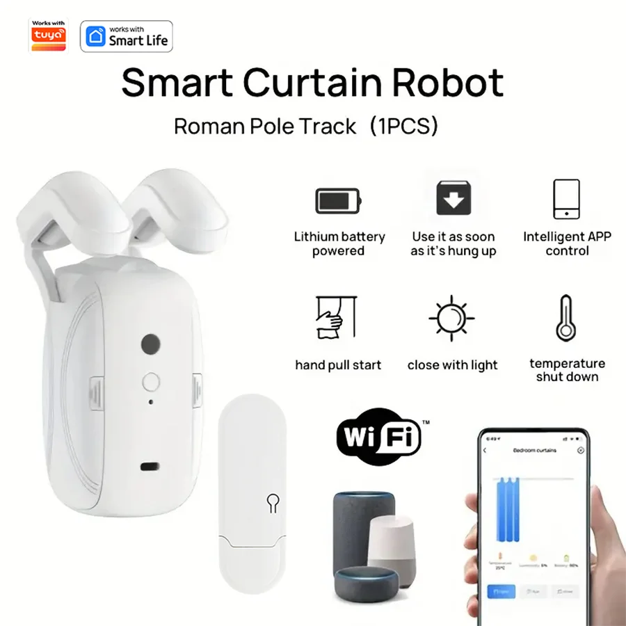 1/2pcs Smart WiFi Curtain Robot with Wi-Fi Gateway, APP Remote Control,  Automatic Opening Hand Pull Start，Compatible with Alexa