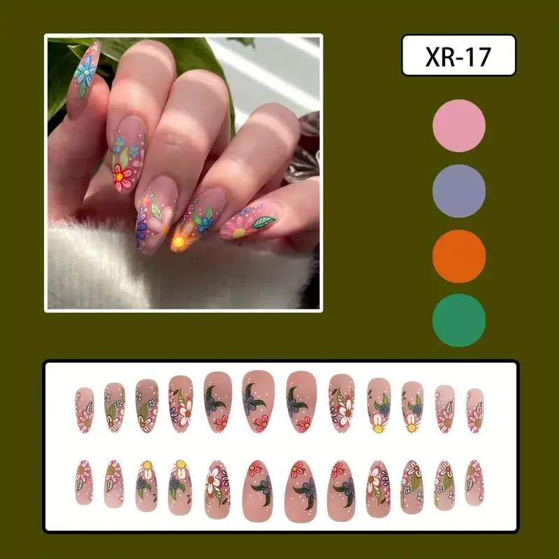 24pcs Almond Shaped Press On Nails Middle-Length Full Cover False Nail Flower Pattern Mixed Color Nail Art for Women and Girl