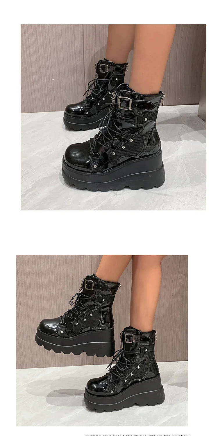 Damenstiefel 2024, Herbst-Damen-Stiefeletten, Plateau-Keile, hohe Absätze, kurze Stiefel, neues Modedesign, Reißverschluss, Cosplay-Schuhe der Frauen – Detail 17