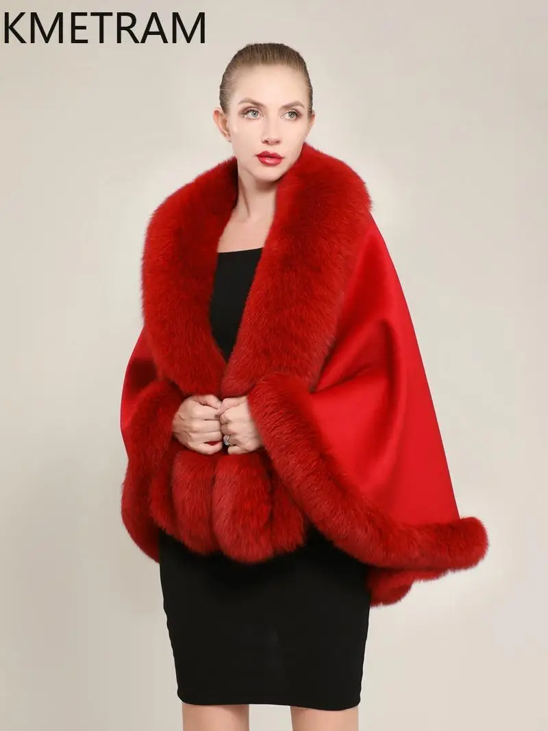 90% Wool + 10% Cashmere Cloak with Fox Fur Collar Short Real Fur Coat Woman Winter Red Party Shawl Coats Women Clothing 2025