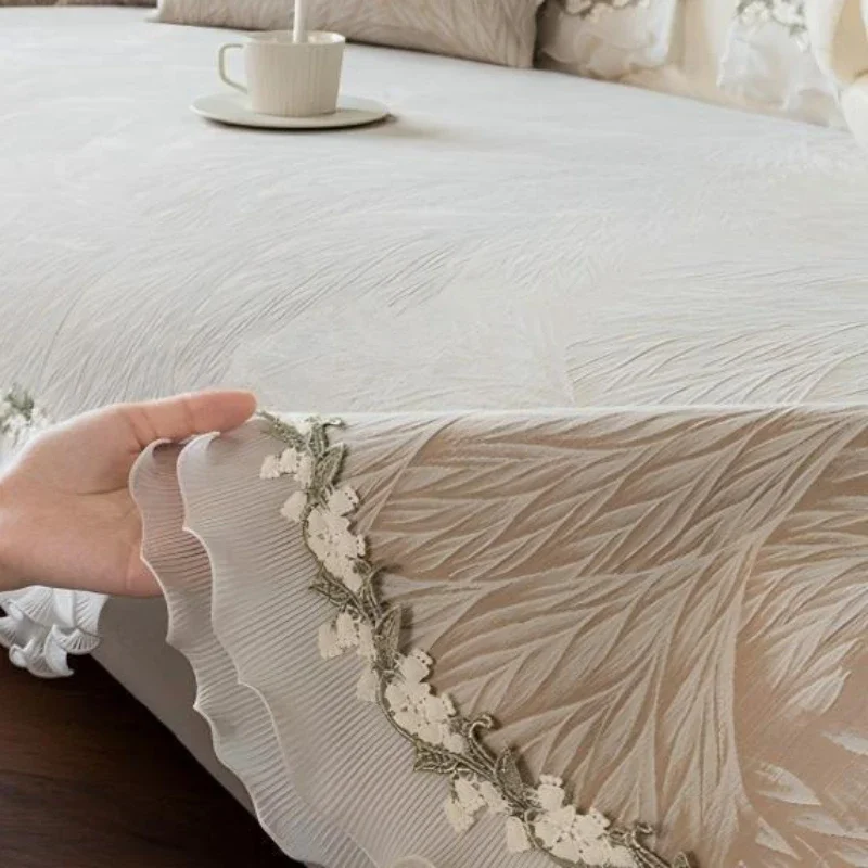 French Jacquard Sofa Pad Exquisite Pleated Lace Irregular Wear-resistant Non Slip Couch Mat Combination Straight Sofa Cushion