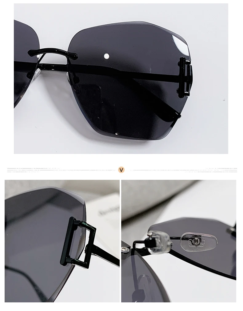 Hochwertige rahmenlose Sonnenbrille in neuer Farbverlauf, polygonale Damenbrille mit großem Rahmen 90252 – Detail 5