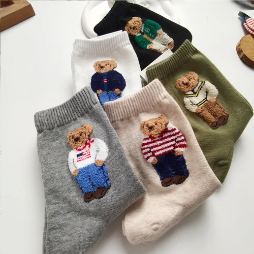 Calcetines bonitos de algodón a media pantorrilla con oso de dibujos animados para mujer, suéter informal, calcetines de oso para mujer adulta, ropa cómoda y transpirable para el hogar