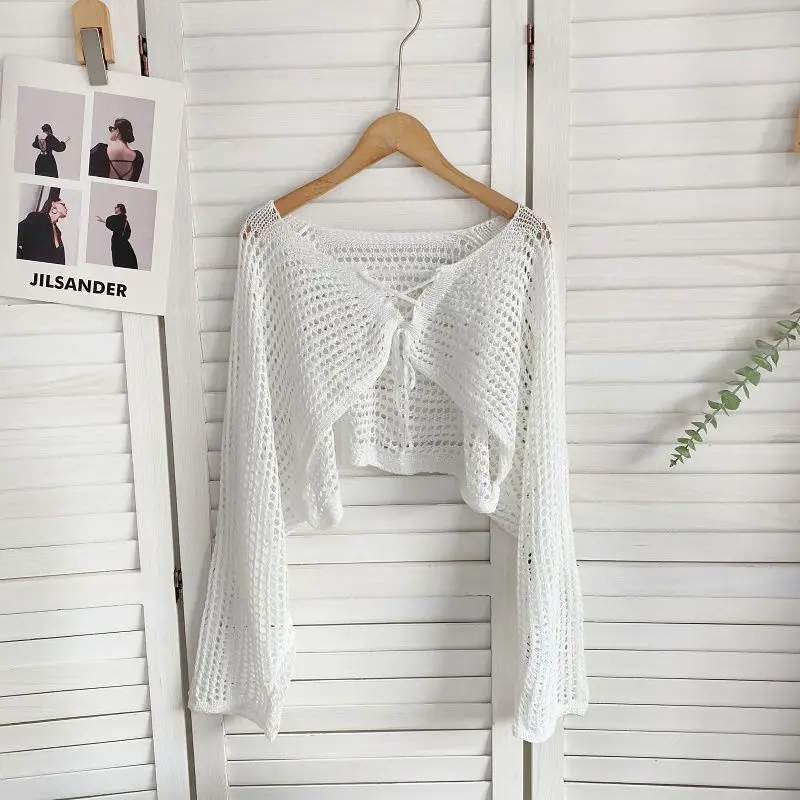 Spring and summer new sweater cardingans sense niche lace up long sleeved hollow short knitted sunscreen cardigan top women