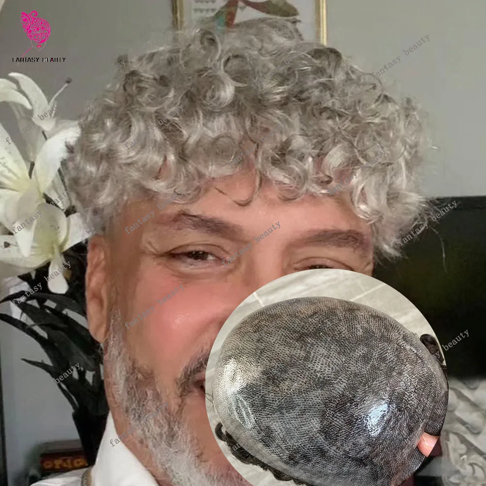 

20 мм вьющиеся серые 1B50 1B80 реалистичный мужской парик супер прочный полная кожа искусственная кожа 100% человеческие волосы коричневый черный парик замена протези