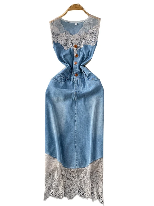 Amerykańska retro spódnica dżinsowa z koronkowymi wstawkami, dekolt w serek, wysoki stan, wyszczuplająca, długa, idealna na lato, do pracy.