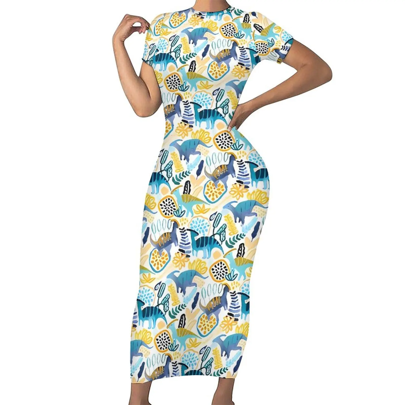 Vestido de dinosaurios de dibujos animados para mujer, ropa de calle con estampado de animales, Vestido ajustado de primavera, vestidos largos elegantes de manga corta, Vestido de gran tamaño