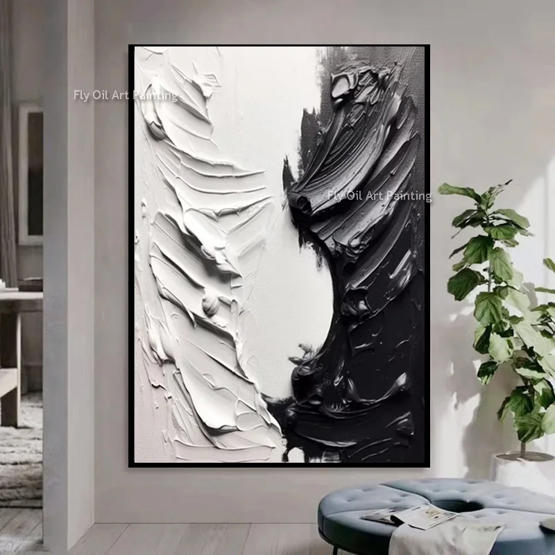 Handmade Fashional Design Home Wall Items Artwork New Original Black And White Knife Thick Oil Painting For Living Room Decor