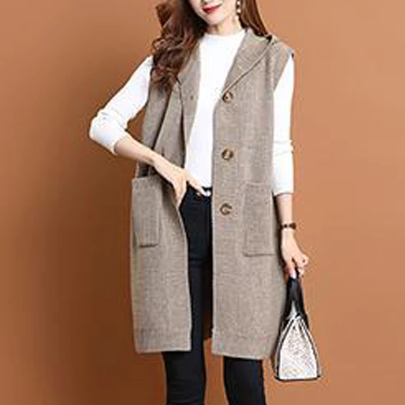 New Women Clothing Korean Fashion Oversize Hooded Sweater Vest Elegant Sleeveless Pockets Button Knitted Cardigan Long Waistcoat