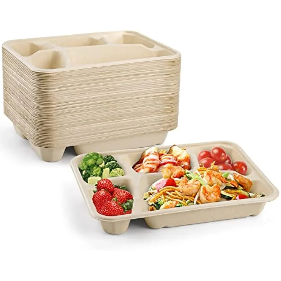 

50 Pack 5Compartment Disposable Plates 11" x 8" Compostable School Lunch Tray Divided Paper Plates Sectional Plate Paper Tray f