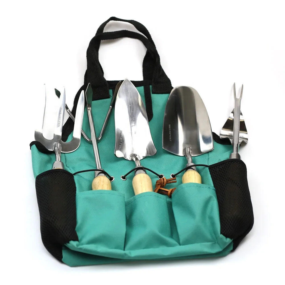 6pcs stainless steel material garden set tools with wooden handle and canvas bag