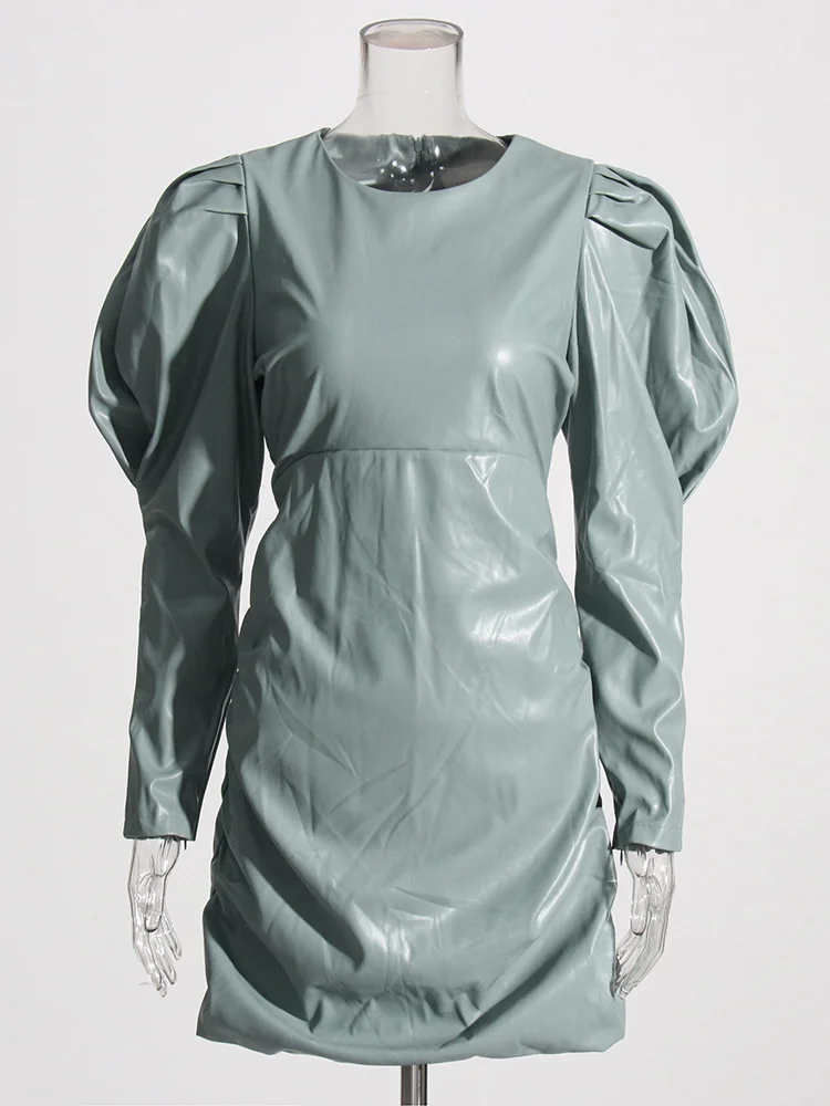 Leather Dresses For Women Round Neck Puff Sleeve High Waist Mini Patchwork Zipper Temperament Dress Female Autumn New