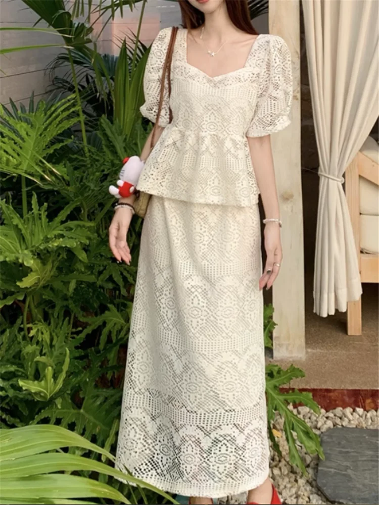 

French Elegant Apricot Lace 2 Piece Dress Suits Puff Sleeve Square Collar Shirt Blouse&Hollow Midi Skirt Summer Holiday 2pc Sets