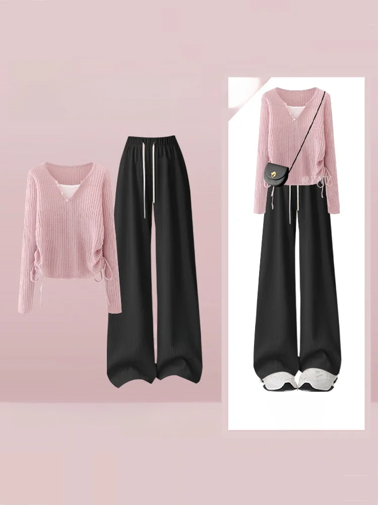 한국 슬레 가을 패션 안티에이징 투피스 세트 여성 캐주얼 니트 탑과 롱 팬츠 V넥 롱 슬리브 앙상블