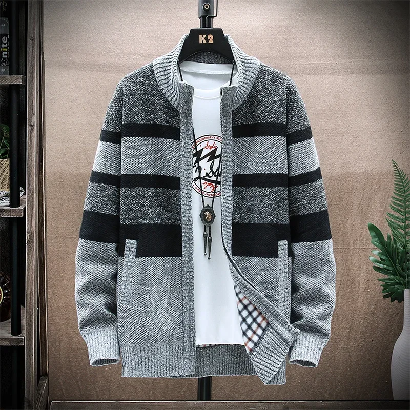 2024 Winter Warm Cardigan Sweater Men Color-blocking Zipper Jacket Casual Stand-collar Knitted Cardigan SweaterCoat Men Clothing