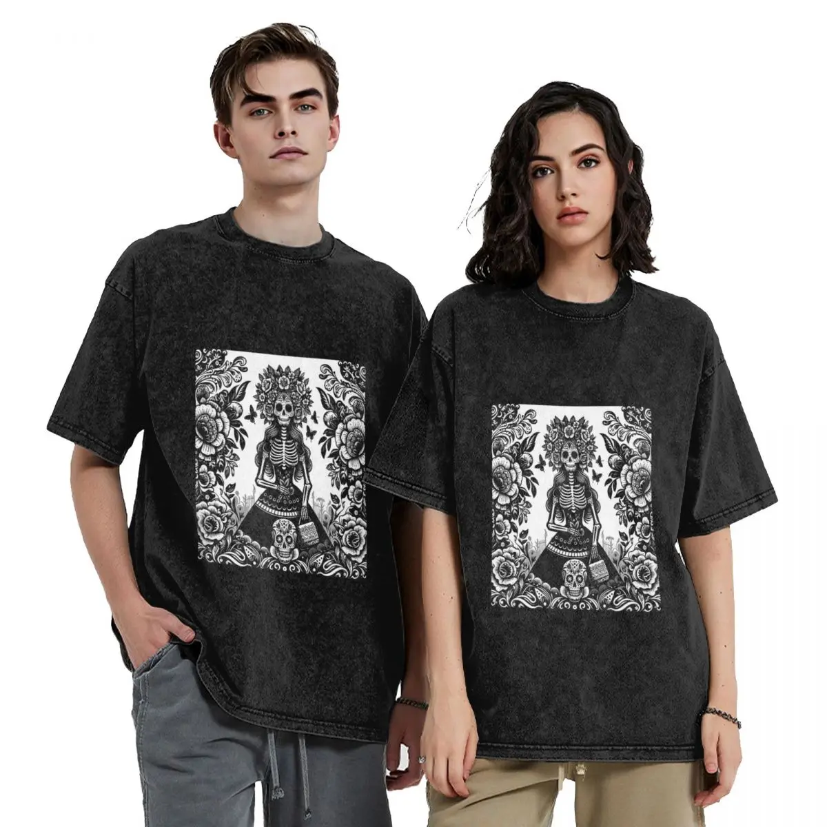 

Mexican Catrina Girl Day Of The Dead Sugar Skull Hip Hop Short Sleeve T-Shirts Washed Tops Tees Streetwear T Shirt for Men Women