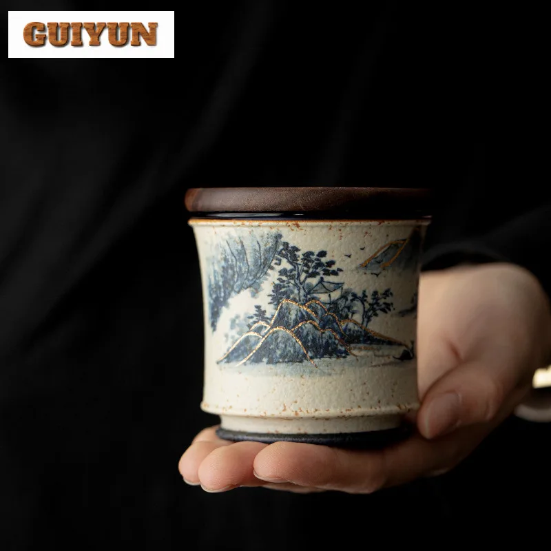 150ml Pure Hand Blue And White Landscape Filter Tea Separator Cup Ancient Tea Mug With Infuser Tea Soaking Office Water Cup Gift