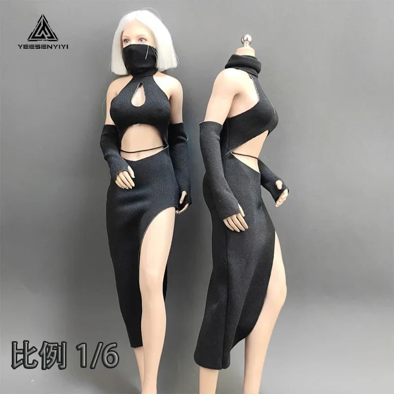 1/6 Scale Female Soldier Black Slim Cheongsam High Fork Long Dress for 12inch Action Figures Ph TBL Doll Body YEESENYIYI