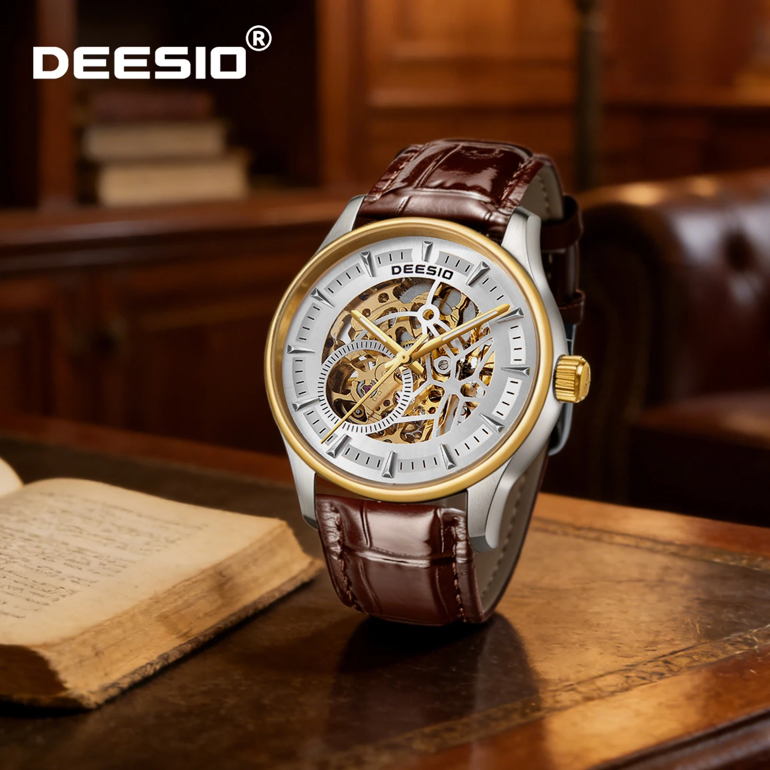 

Deesio Luxury Automatic Mechanical Watch for Men Stainless Steel Skeleton Luminous Hands Waterproof Business Casual Wristwatch