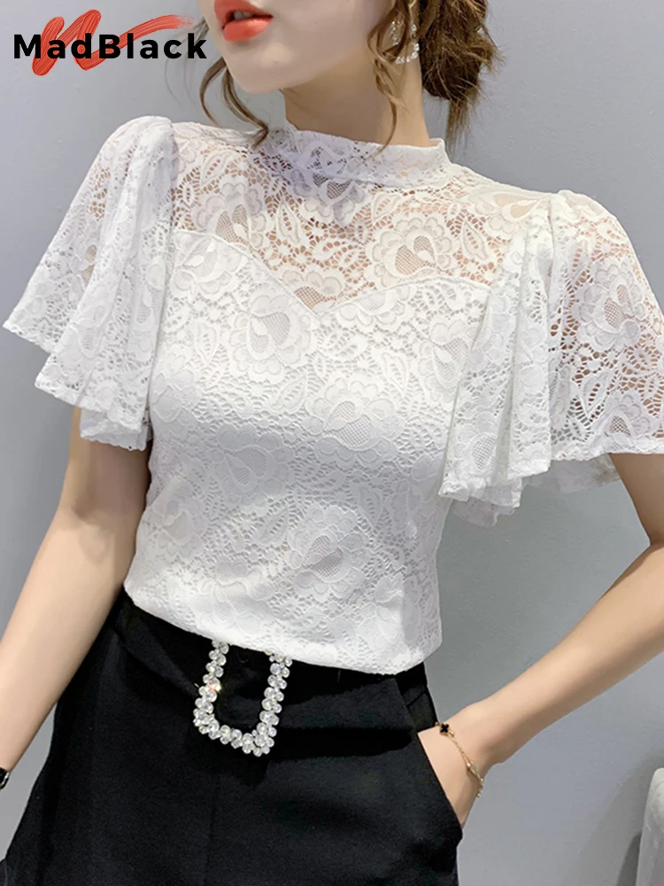 MadBlack Summer European Clothes T-Shirt Chic Sexy Lace Hollow Out Women Tops Short Flare Sleeve 2022 Casual Solid Tees T23004X
