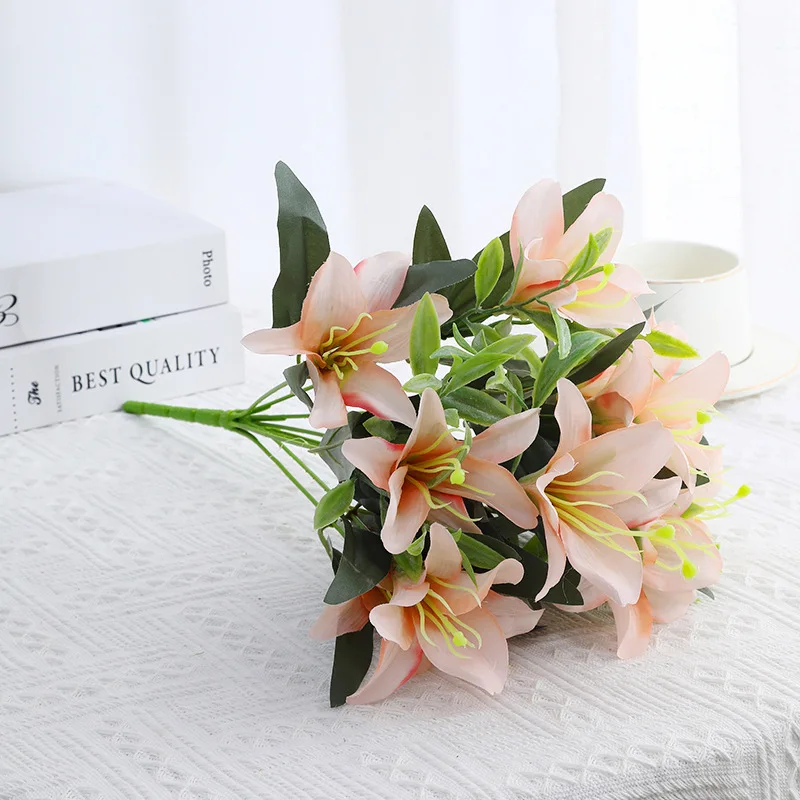 

Artificial 10 Head Lily Fake Silk Flowers Bouquet Wedding Table Decoration Party Event Layout Home Living Room Decoration Floral