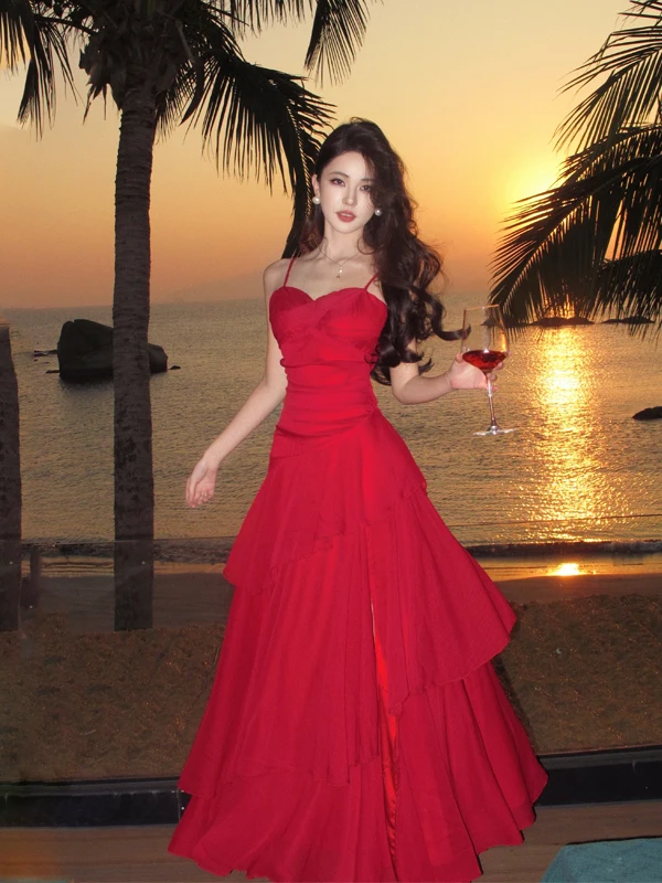 

Summer Beautiful Red Retro Holiday Style Off-Shoulder Long Dress Women's Waist-Cinching Skirt Detailed Gown Zipper Closure So...