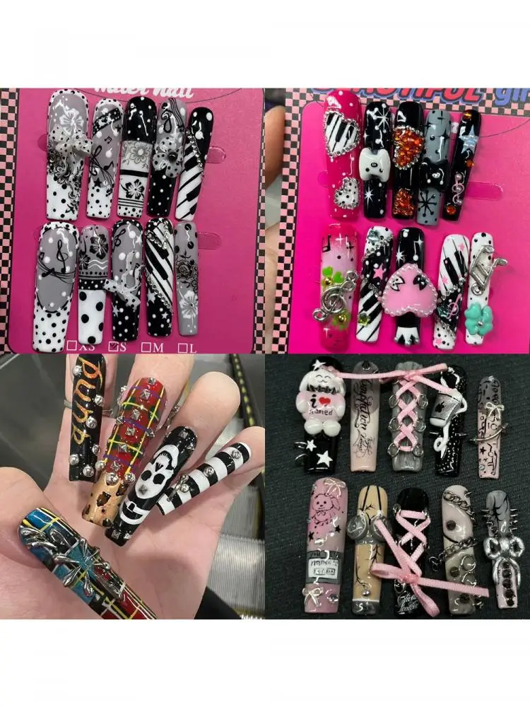 Spicy Girl XL Lange Quadratische Stiletto Handgefertigte Aufklebenägel mit Blumen, Schleifen, Diamanten, Perlen, Klavier-Musiknoten und Nieten