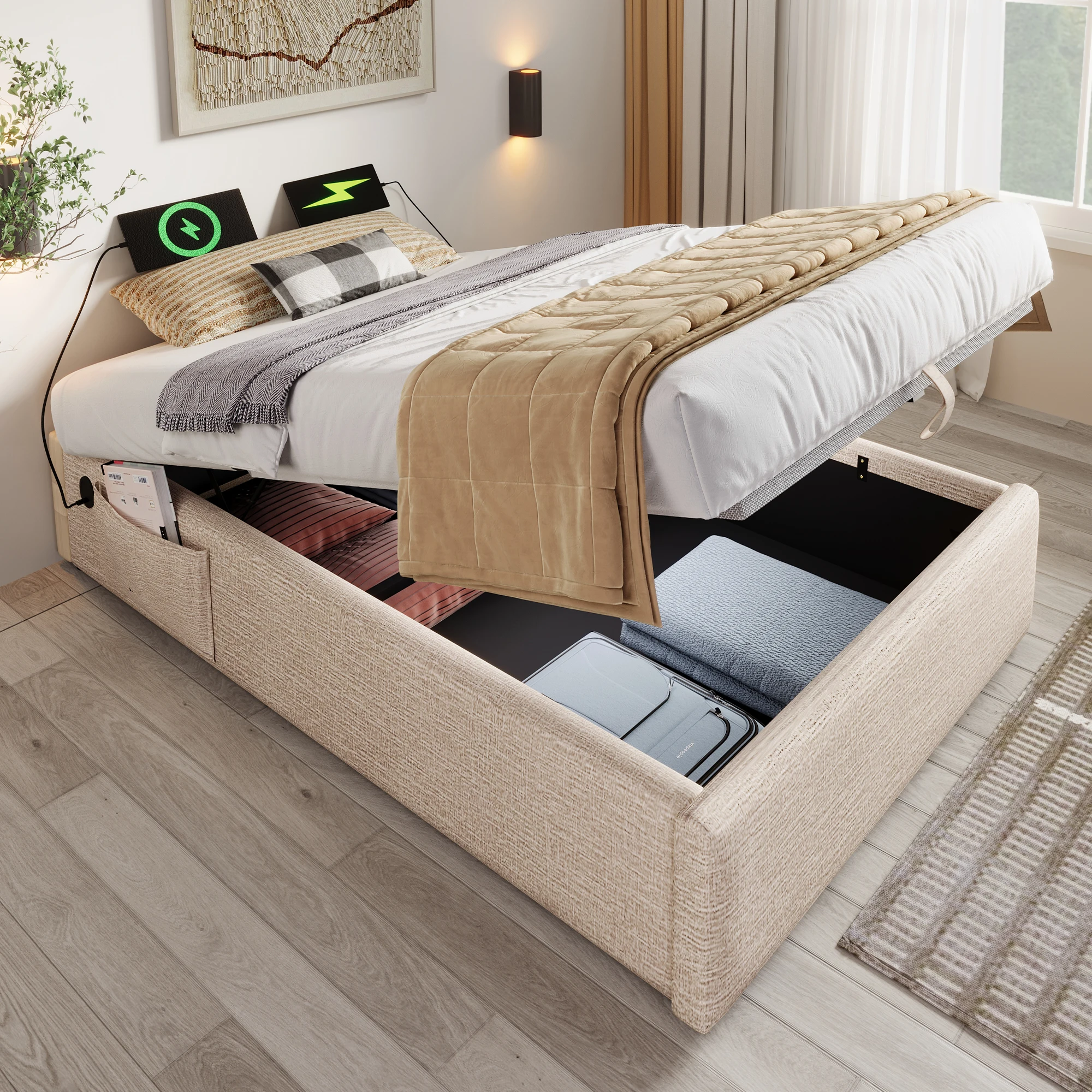 Gepolstertes Einzelbett 90×190 cm, Bettgestell mit Stauraum und USB-C, Lattenrost, Leinen, Naturfarben – Detail 13