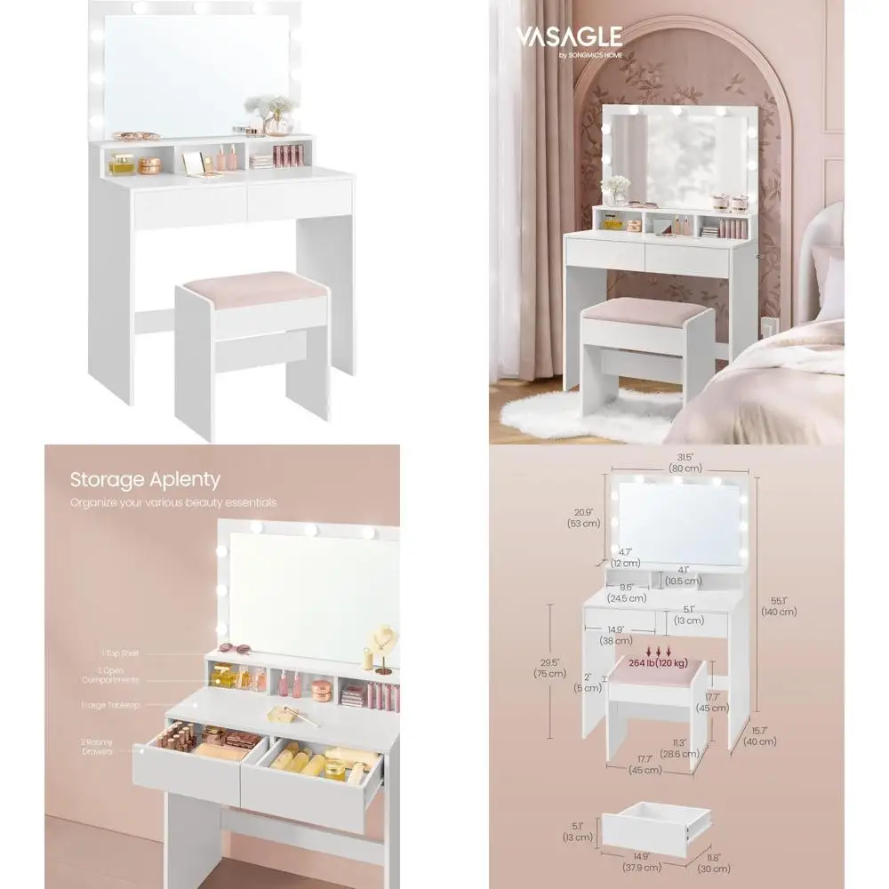 

туалетный столик для макияжа с подсветкой, мягким табуретом и 9 регулируемыми светодиодными фонарями.