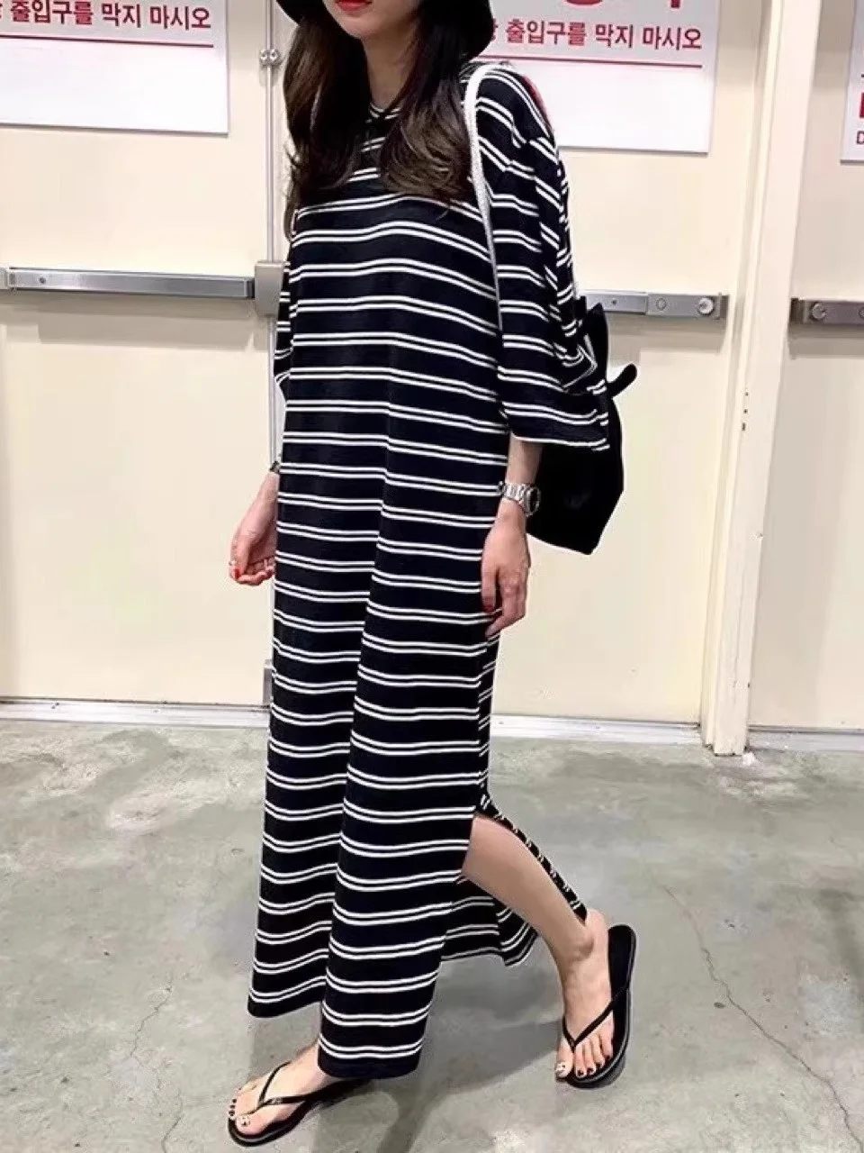 Chic rayé T-shirt Dr femme ample rond Ne Bubble Sve longue coupe droite fente latérale a-ligne été coton Dr