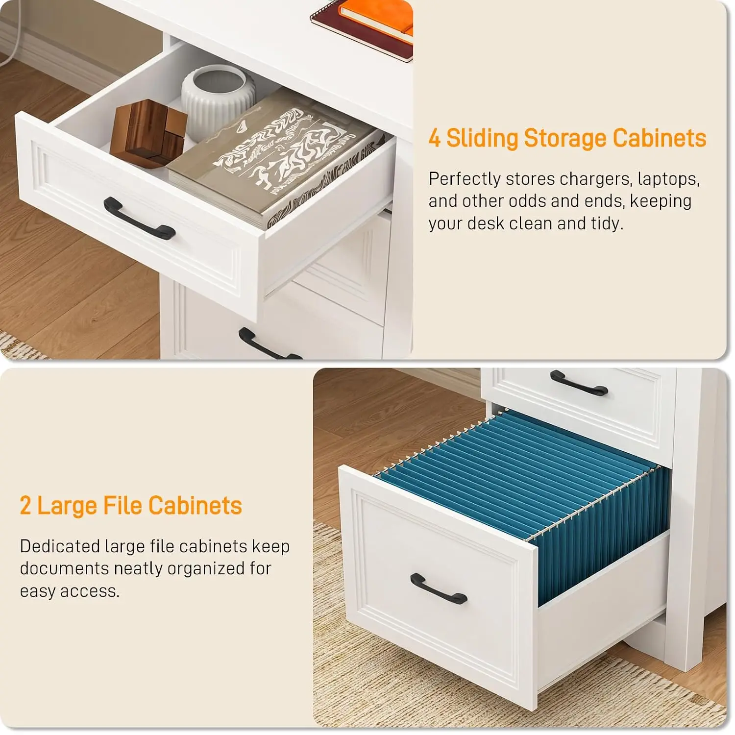 L Shaped Farmhouse Office Desk with 6 Drawers & Power Outlets, Executive Corner Desk with Storage Shelf, Customized image 4