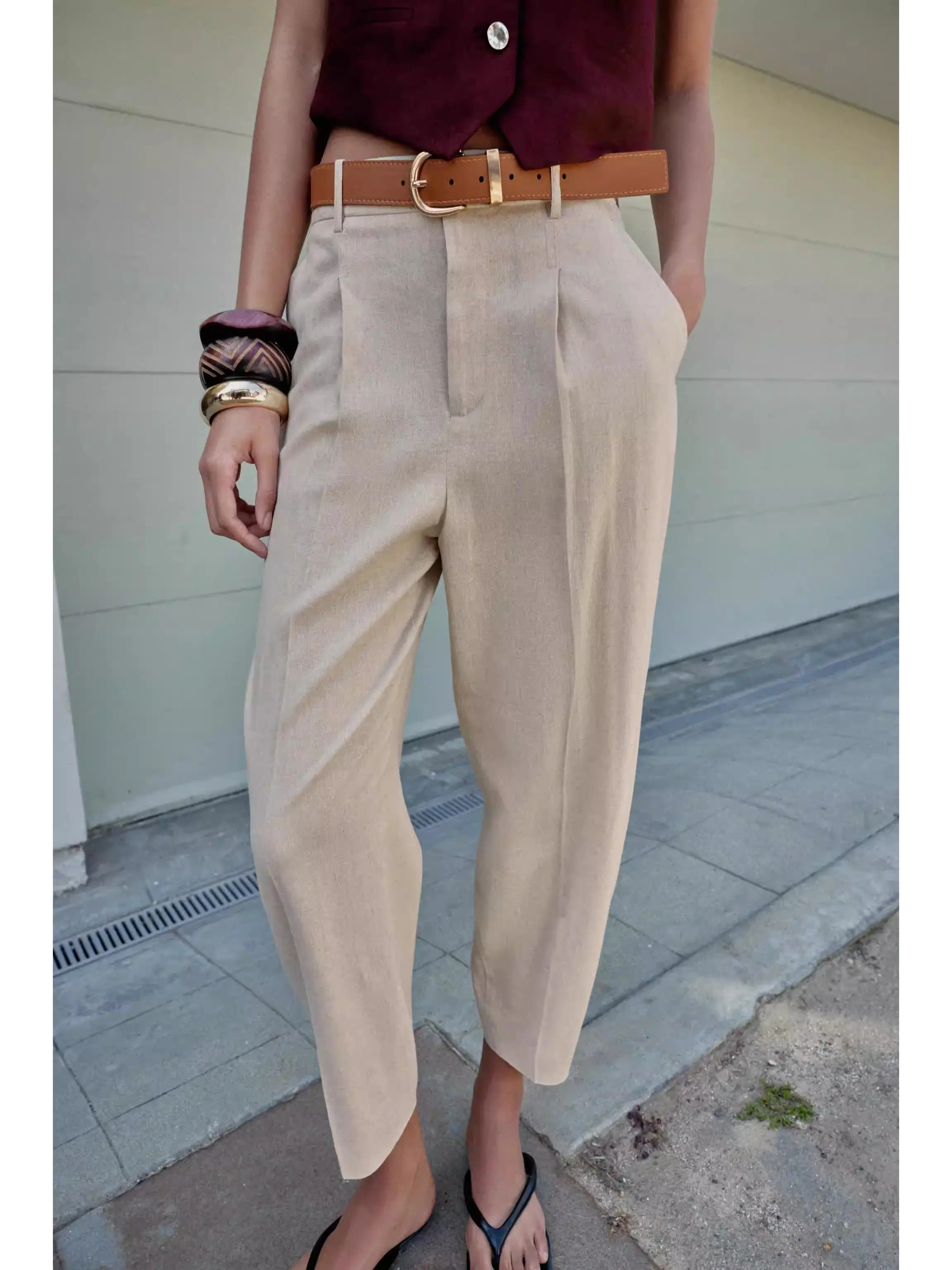 Spring New Arrival Women's Trousers with Belt Pleated Design 18-25 Years Old Suitable for 2026 Spring Season