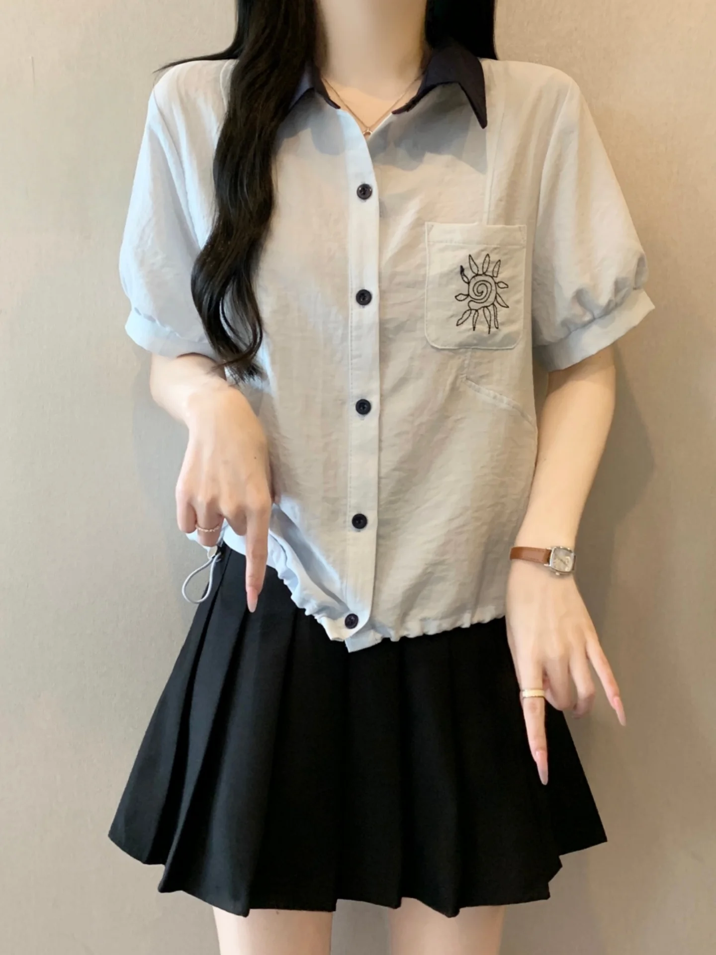 

Slimming Design Short Shirt Women's Summer Base Layer Drawstring Top Korean Style Commute Wind Loose Fit Button Detail