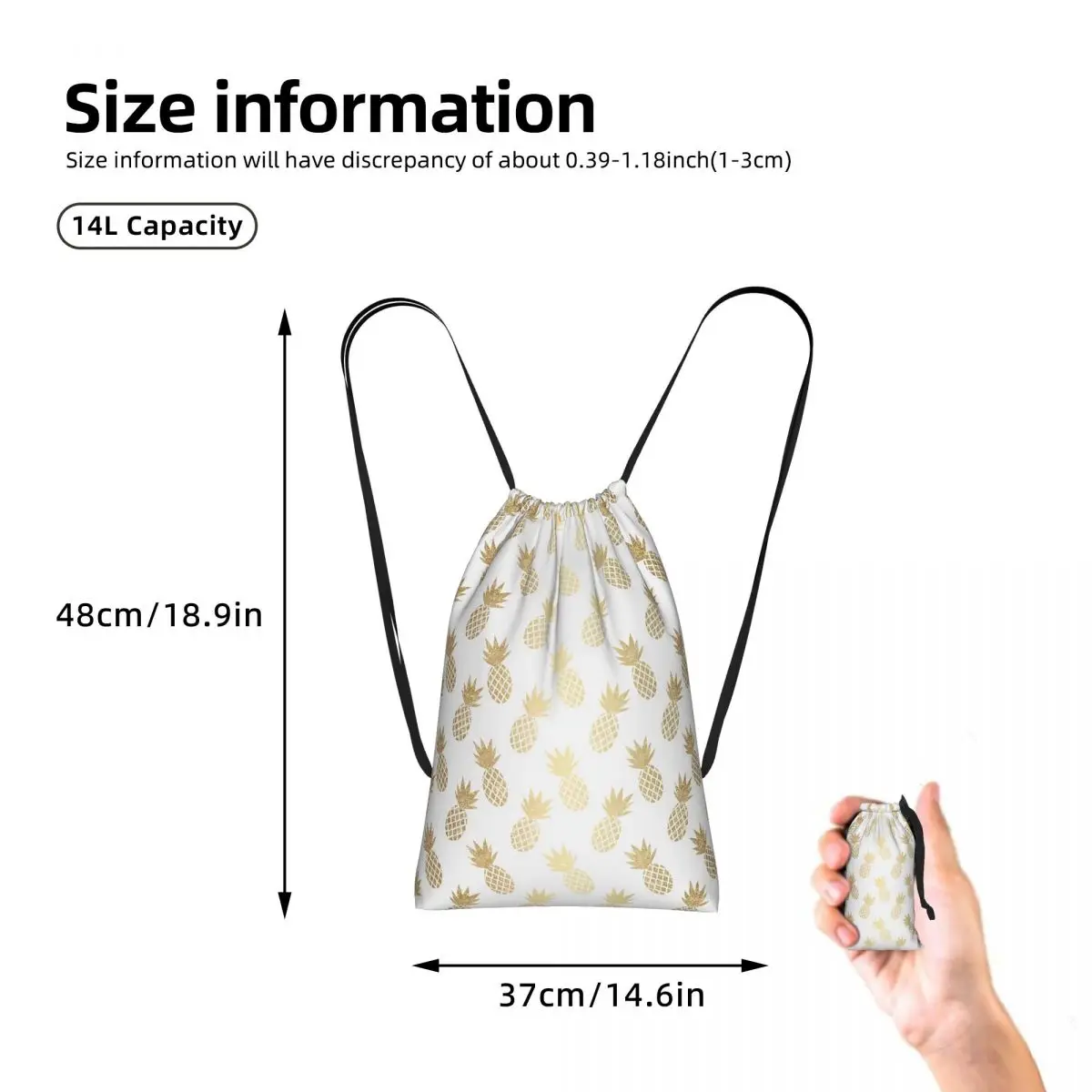 Gold Pineapple Pattern Drawstring Backpack hiking cycling Bag Lightweight Foldable Storage Drawstring Bag for Men Women