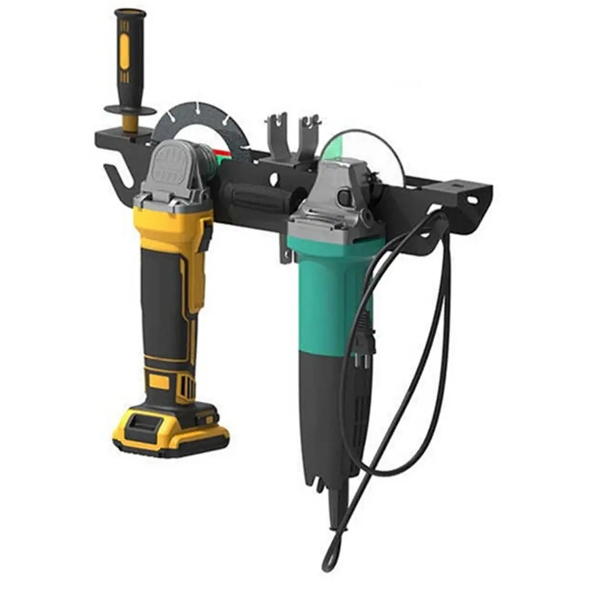 Reliable- Metal Angle Grinder Bracket Wall-Mounted Double-Slot Tool Storage Rack with Built-in Cable Management Holes