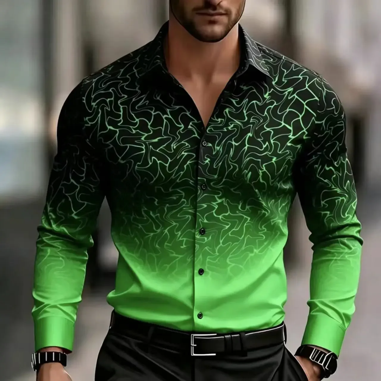 Hot Sale For 2026 Men's Gradient Color Long Sleeved Shirt – 3D Digital Printing, Casual, Comfortable, Fashionable, Modern Style