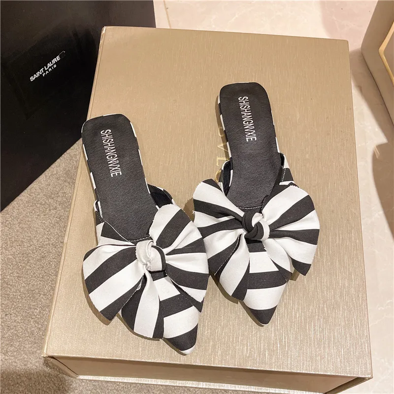 Big Bowtie Mule Shoes Women Fashion Pointed Toe Stripe Wave Slip-on Sandals Ladies Luxury Satin Silk Outdoor Flat Slippers