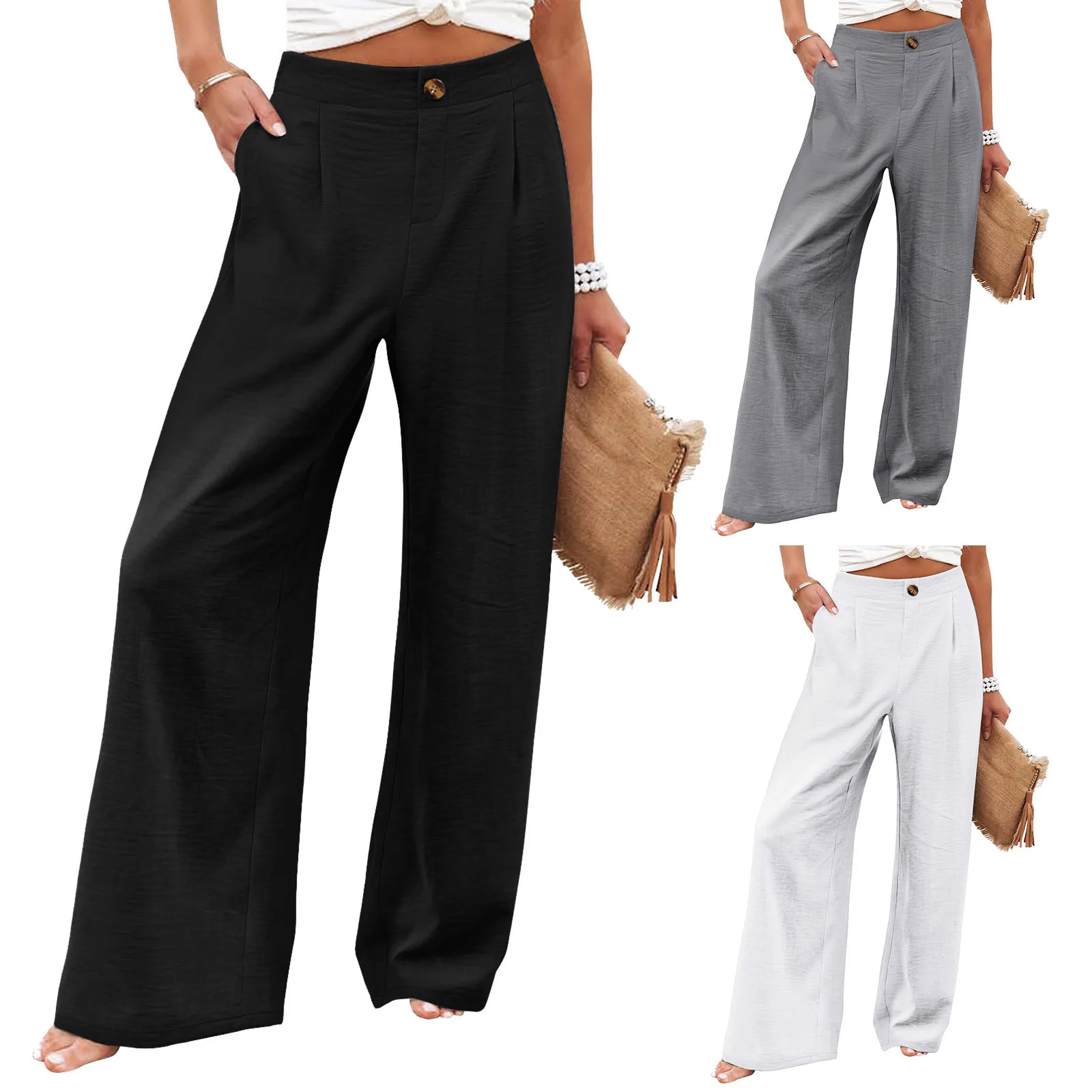 Cotton-Linen Pants Women's Casual Lightweight Trousers Pocket Button-Fastening Elastic Waist Lounge Pants