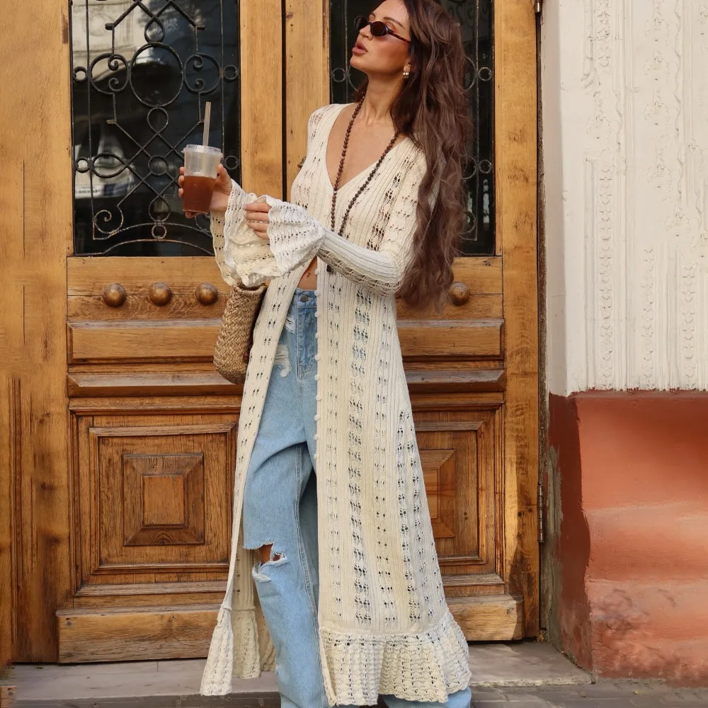 

Вязаный кардиган в стиле Spice Girl: удлиненный дизайн, ажурная вязка, однотонный, высококачественный, длинный фасон, женская одежда