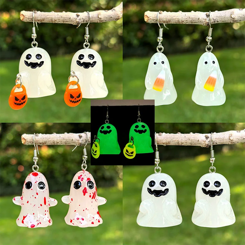 

New Halloween Night Light Resin Earrings 3D White Ribbon Blood Ghost Pumpkin Corn Candy Earrings Halloween Decoration Gift