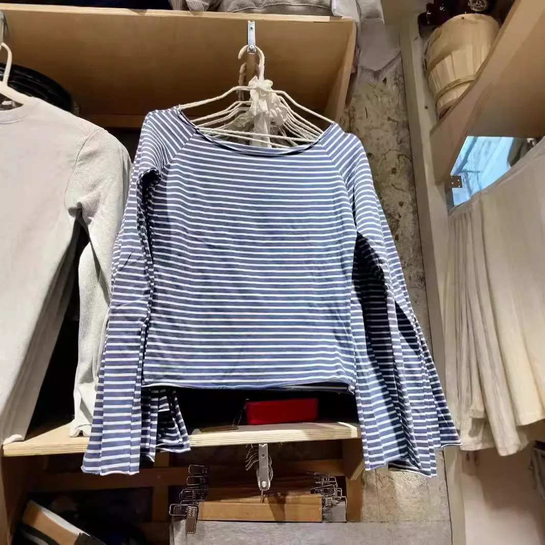 Fashion White Blue Stripe Long Sleeve T-shirts For Women Slash Neck Retro Autumn Tees Spring Slim Y2K Tshirt Top Female 2024 New