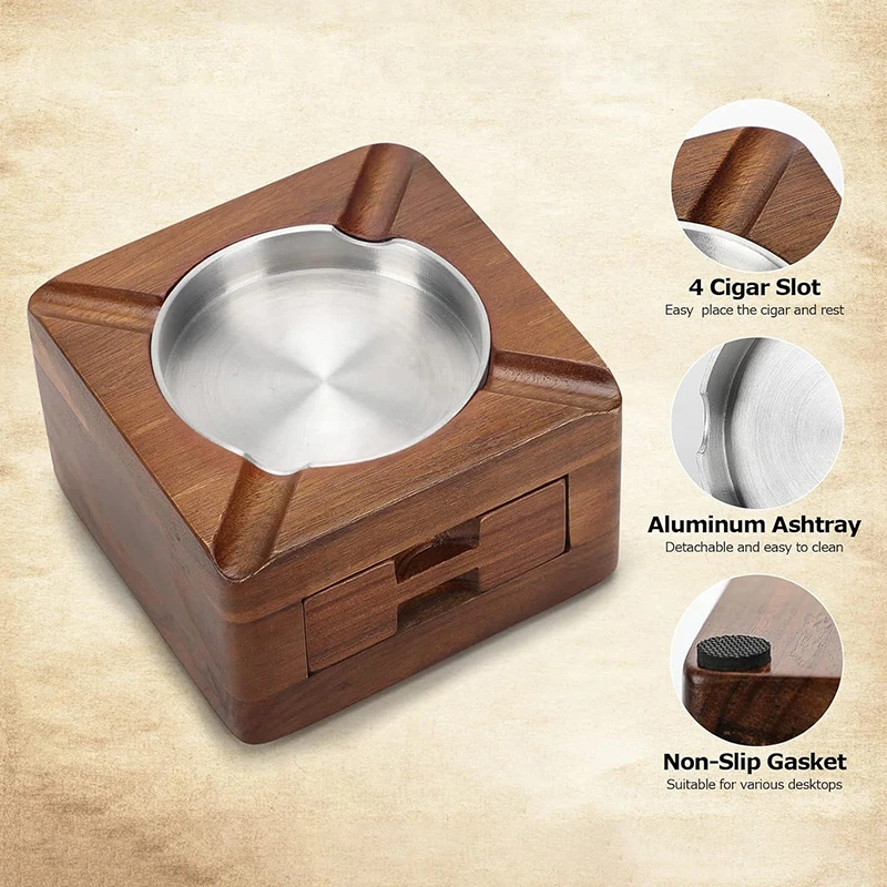 

Top Quality Wooden Square Cigar Ashtray With 4 Slots And Drawers, Cigar Tool Storage Box, Smoking Accessories, Men'S Gift