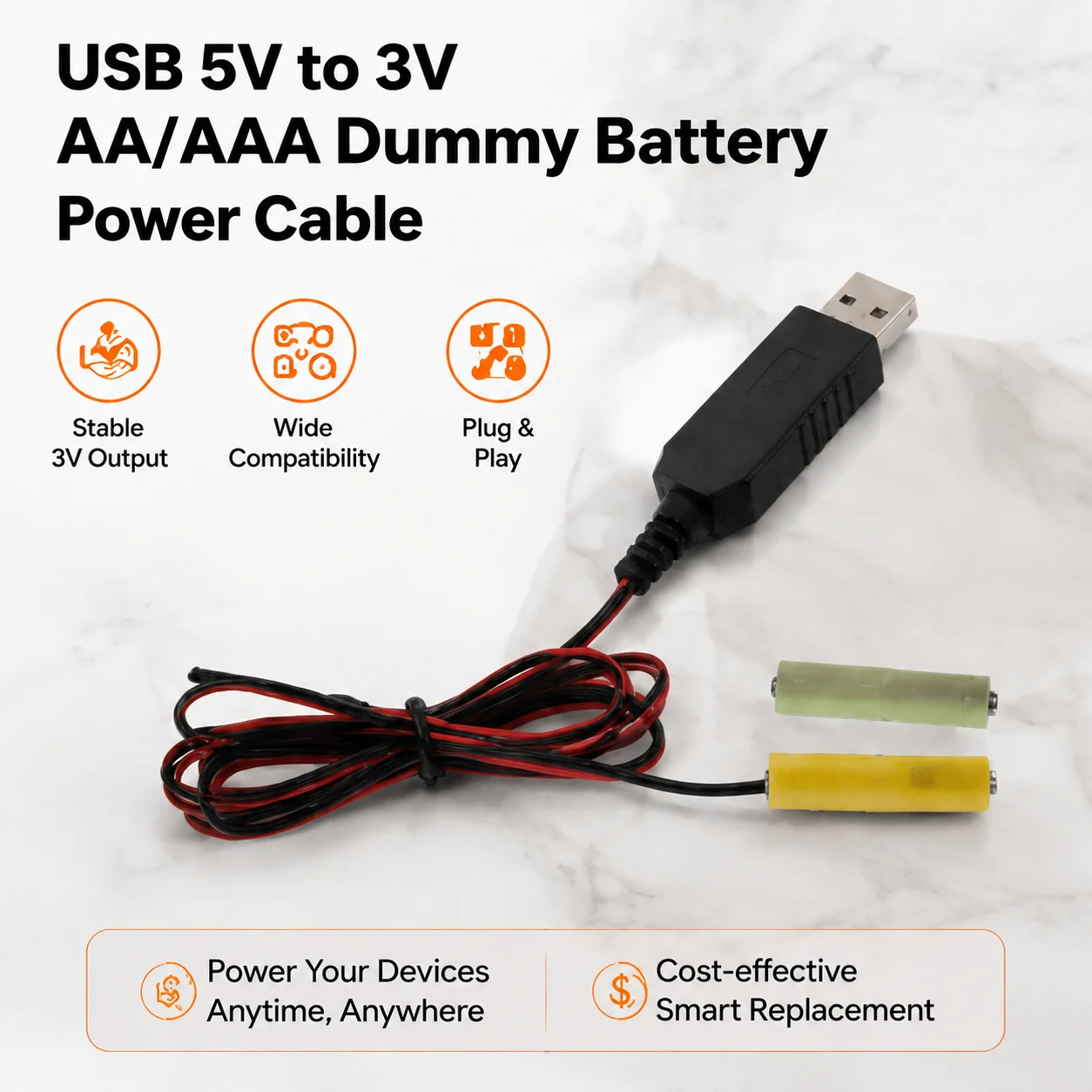 AAA Battery Eliminator USB Power Cord Replacement 5V to 3V AAA Battery for Remote Control of Wireless LED Lights