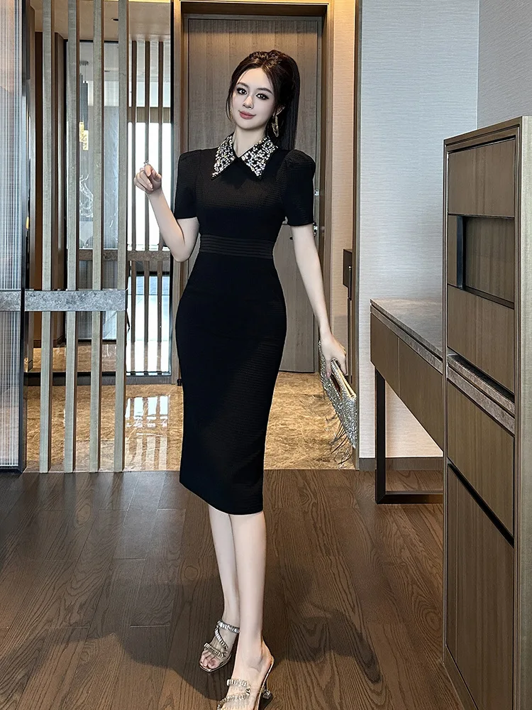 Vestido A-Leibniz para mujer, vestido ajustado con cuello doblado negro, vestido Formal de noche para fiesta, vestido de banquete de boda 65348