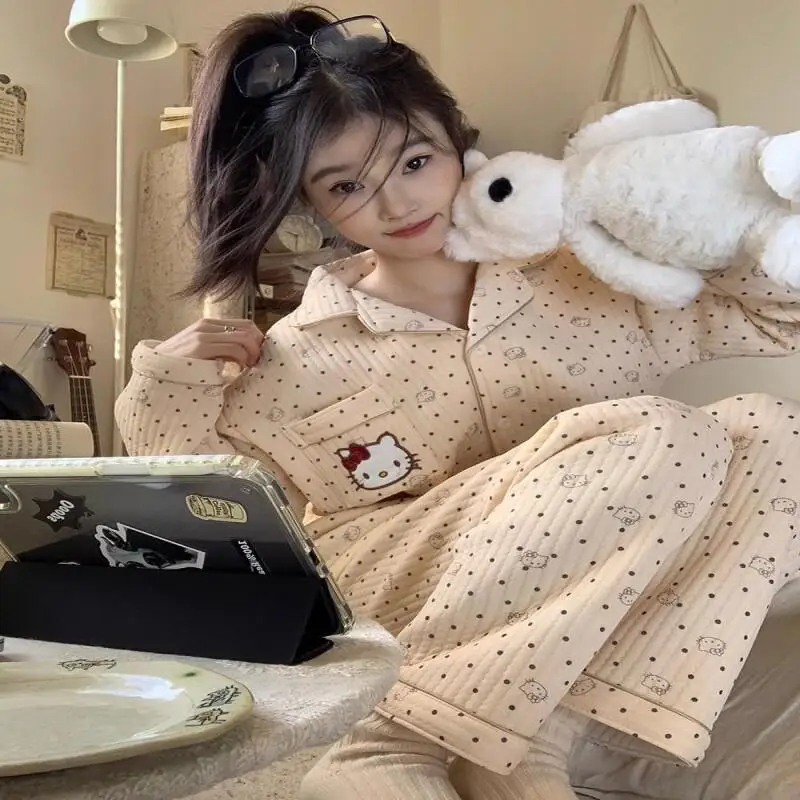 

Новый комплект женской пижамы Hello Kitty: кардиган, хлопковая домашняя одежда с мультяшным принтом, утепленный комплект для сна с длинными рукавами в стиле Kawaii Sanrio
