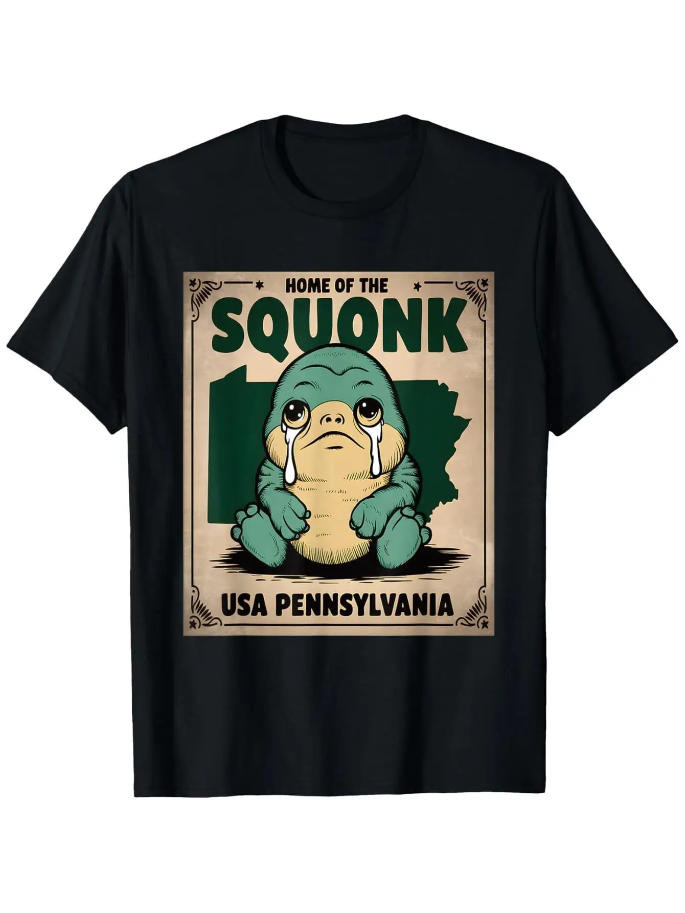 Men's black plain T-shirt with a Scotland and Pennsylvania USA pattern - green frog design, round neck, short sleeve T-shirt, suitable for casual everyday wear, machine washable Pennsylvania-themed clothing