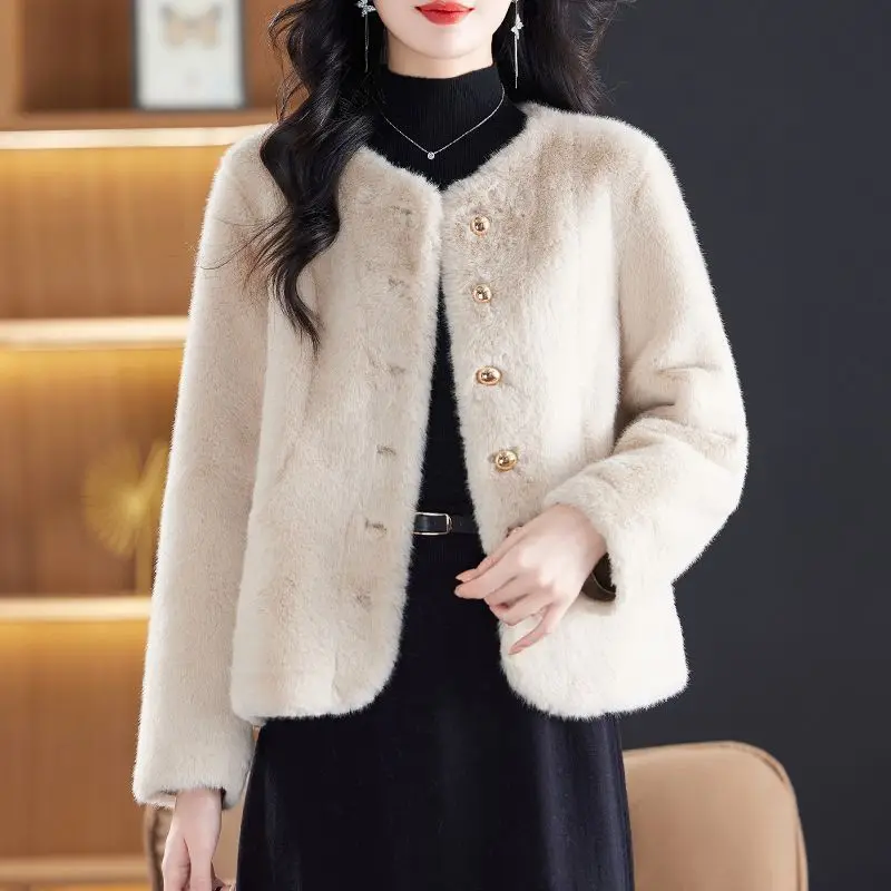 

Autumn Winter Imitation Fur Jacket Fashion O-Neck Long Sleeve Women Faux Fur Coat Female Casual Short Flush Overcoat
