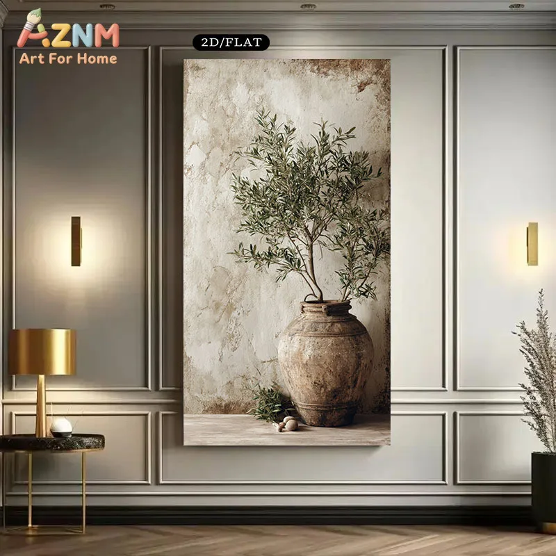 AZNM Neutral Rustic Olive Tree Canvas Wall Art Vintage Pottery Botanical Painting for Entryway No Frame