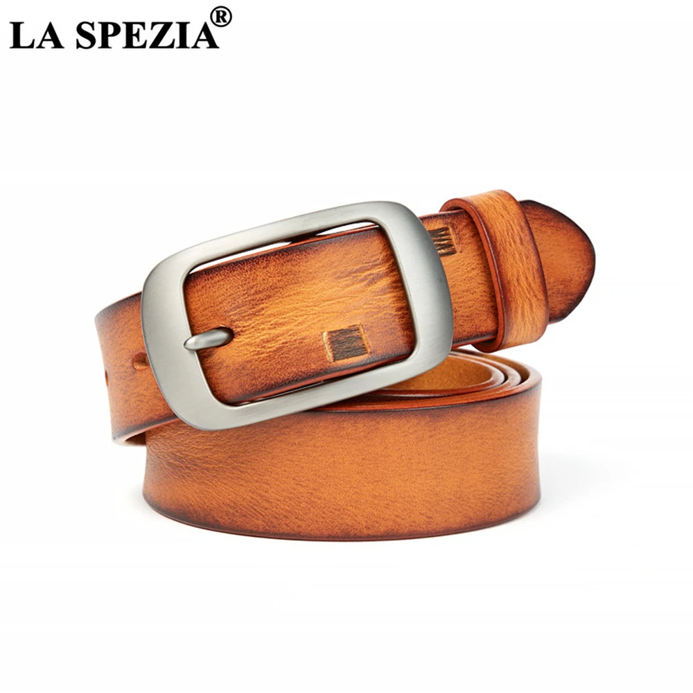 LA SPEZIA Orange Genuine Leather Women Belt First Layer Cowskin Casual Buckle Waist Belts High Quality Ladies Accessories Belts