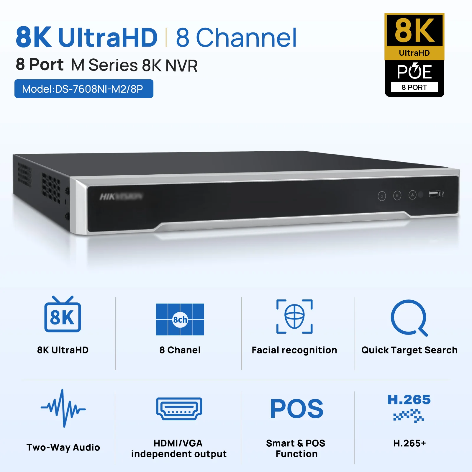 Hikvision 8K 8CH 8POE DS-7608NI-M2/8P&DS-7616NI-M2/16P 16CH 16POE Network Video Recorder 32MP 2SATA H.265 Security Surveillance
